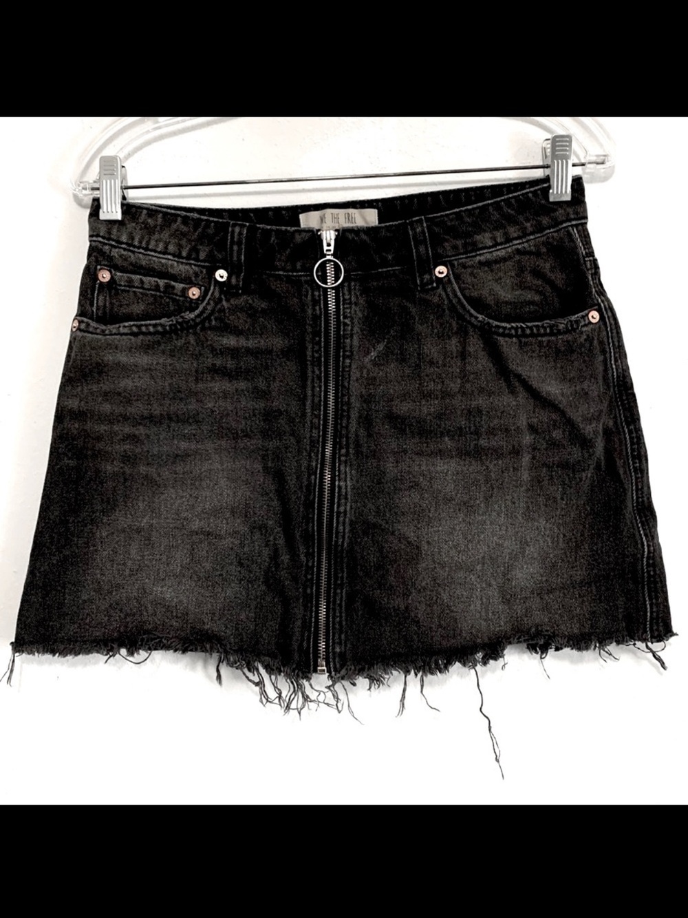We The Free Black Wash Distressed Denim Mini Skirt